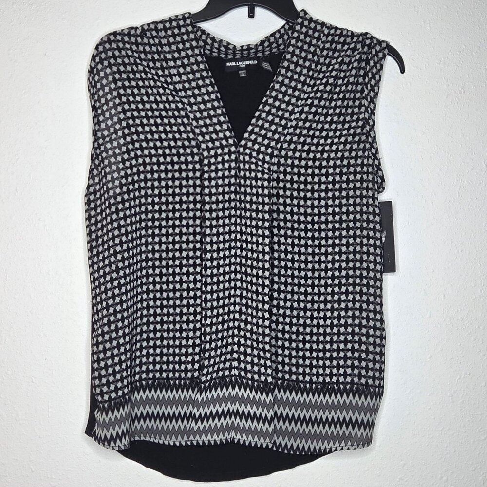 Karl Lagerfeld Paris Sleeveless V-Neck Blouse - Black White Geometric